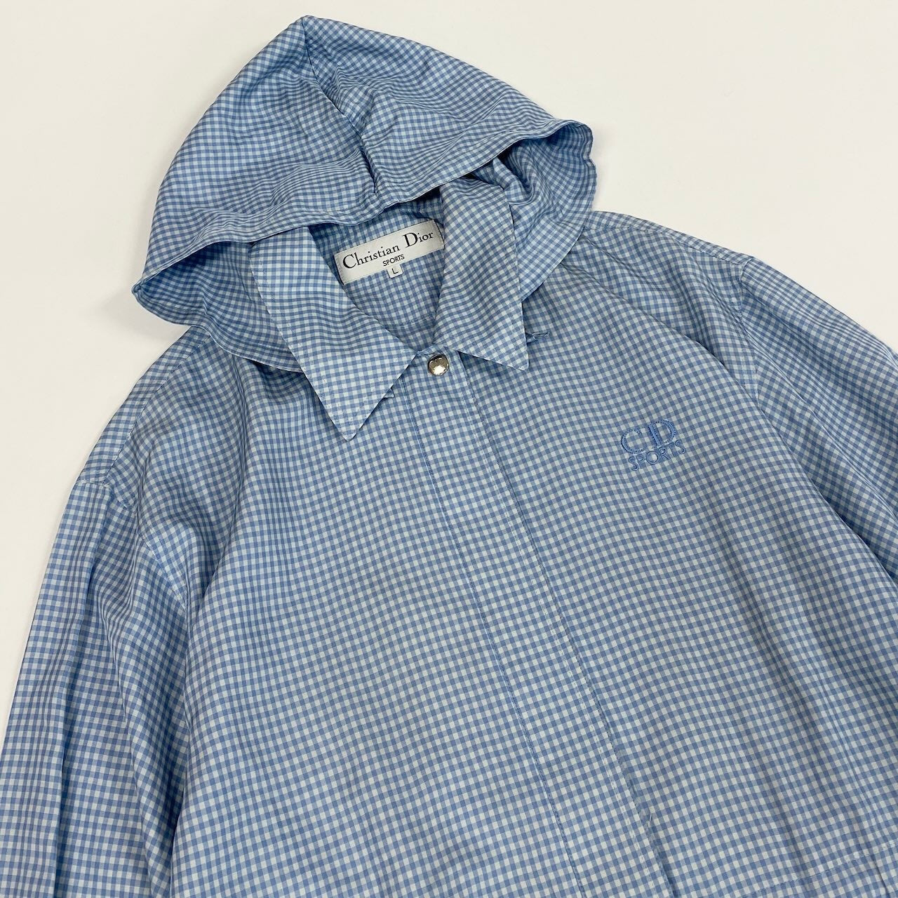 Ic27 Christian Dior クリスチャンディオール フーディージャケット ギンガムチェック フード取り外し可 CDロゴ刺繍 Lサイズ ホワイト ブルー 画像参照 レディース 女性用u02t