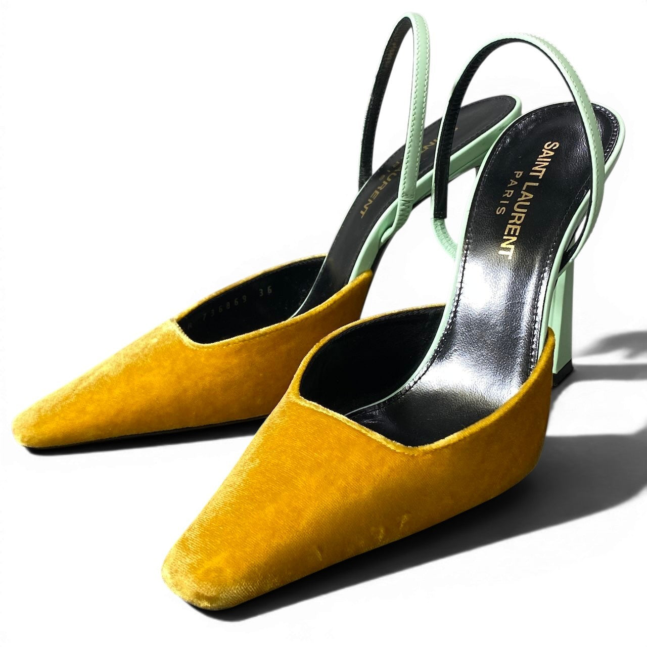 g14【美品】SAINT LAURENT スリングバック パンプス イタリア製 36サイズ イエロー グリーン ベルベット レザー レディース 女性用k02i