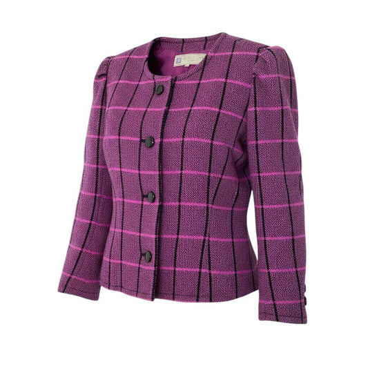46c24 GIVENCHY ジバンシー ノーカラージャケット ウールジャケット パフスリーブ チェック柄 13B2サイズ ピンクパープル ウール100％ レディース 女性用o07t