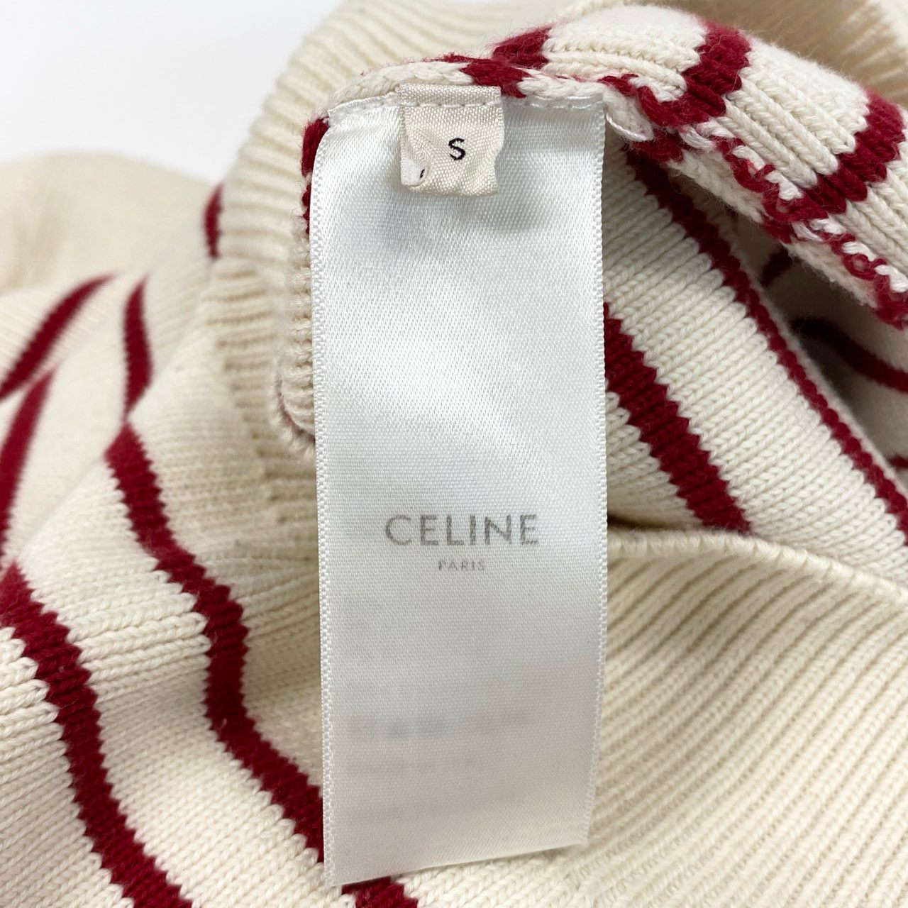 d7 CELINE セリーヌ マリニエール クルーネック ニット セーター 金ボタン S ホワイト レッド レディースu02t