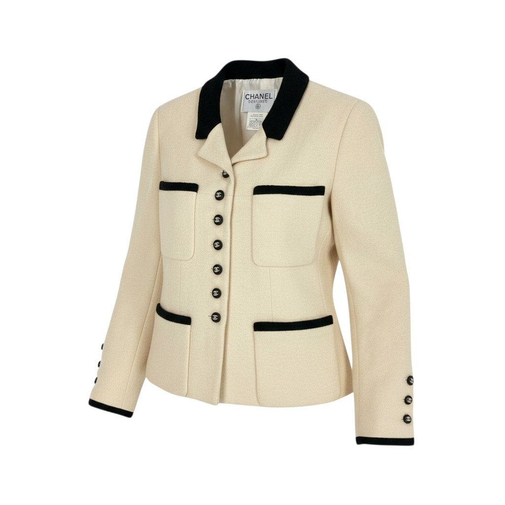 10f20 Vintage CHANEL シャネル 1996 ツイードジャケット テーラージャケット バイカラー ココマークボタン 42 アイボリー ブラック レディースta1