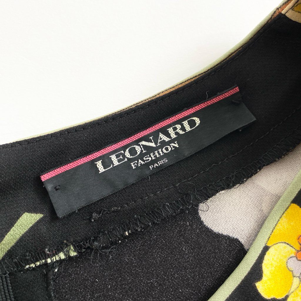 21d9 LEONARD レオナール カンカン素材 長袖カットソー Tシャツ トップス 美しい花柄プリント LL ブラック レディース 日本製