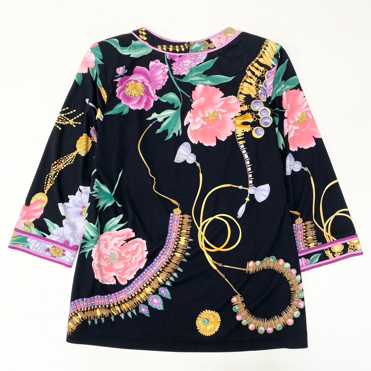 49f27 LEONARD レオナール ロングスリーブカットソー チュニックカットソー カンカン素材 Vネック 花柄プリント 0189521 Lサイズ マルチカラー レディース 女性用u02t