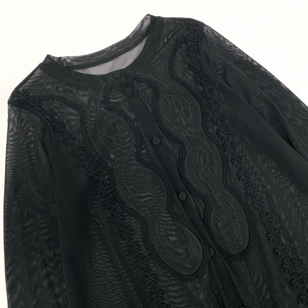 18k20《美品》 TOKUKO 1er VOL トクコプルミエヴォル  ロング シアーカーディガン メッシュシャツ 長袖 花柄 ストレッチ○ レディース 女性用 ９ ブラックu02t