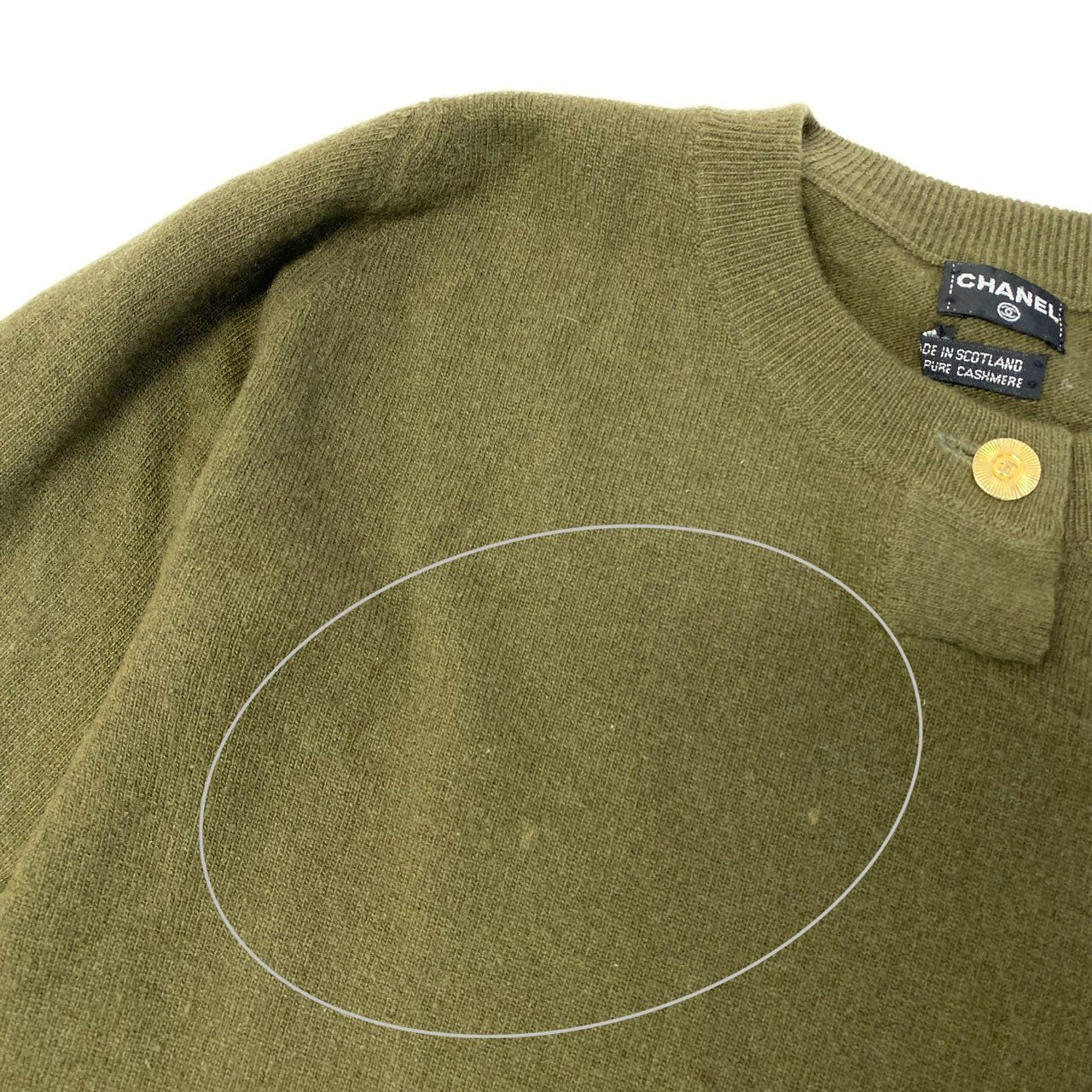 15a16 CHANEL シャネル ピュアカシミヤ 100％ セットアップニット 金ボタン サイズM カーキ Cashmere Knit Set Up ココマークt18r