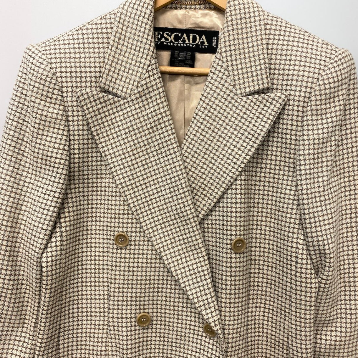 83e15【美品】ESCADA エスカーダ テーラードジャケット ウールカシミヤジャケット ブレザー 千鳥格子 38サイズ ベージュ レディース 女性用u02t