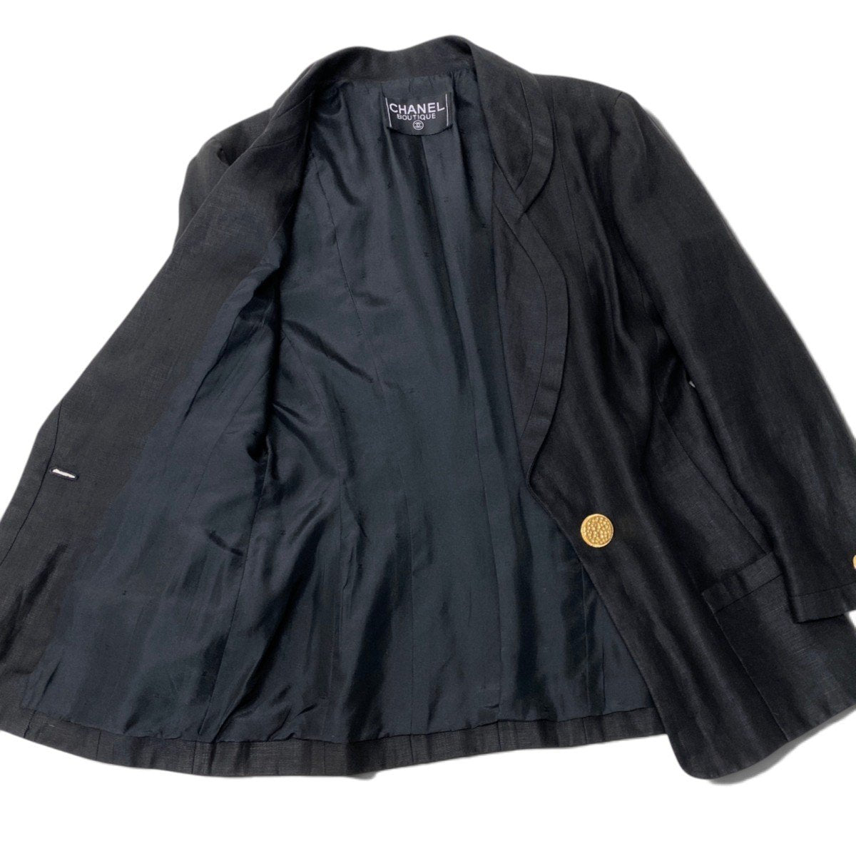 Ci13 CHANEL BOUTIQUE シャネル テーラードジャケット 金ボタン 裏地ココマーク ブラック レディースta2