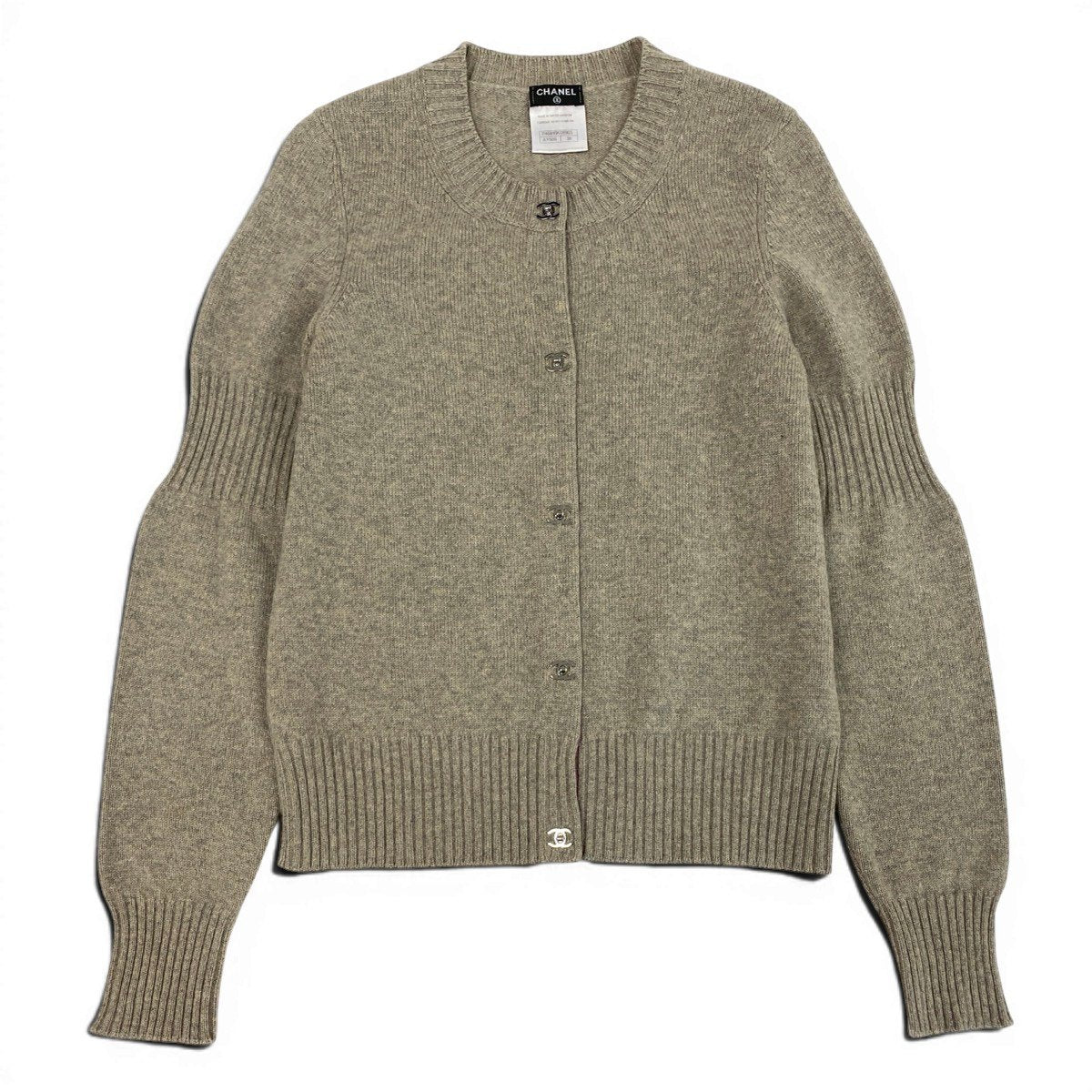 Cf29 【美品】 CHANEL シャネル 2013年 ターンロック ココマーク カシミヤ ニットカーディガン P46816 サイズ38 グレー ベージュ カシミア100％ レディースta1