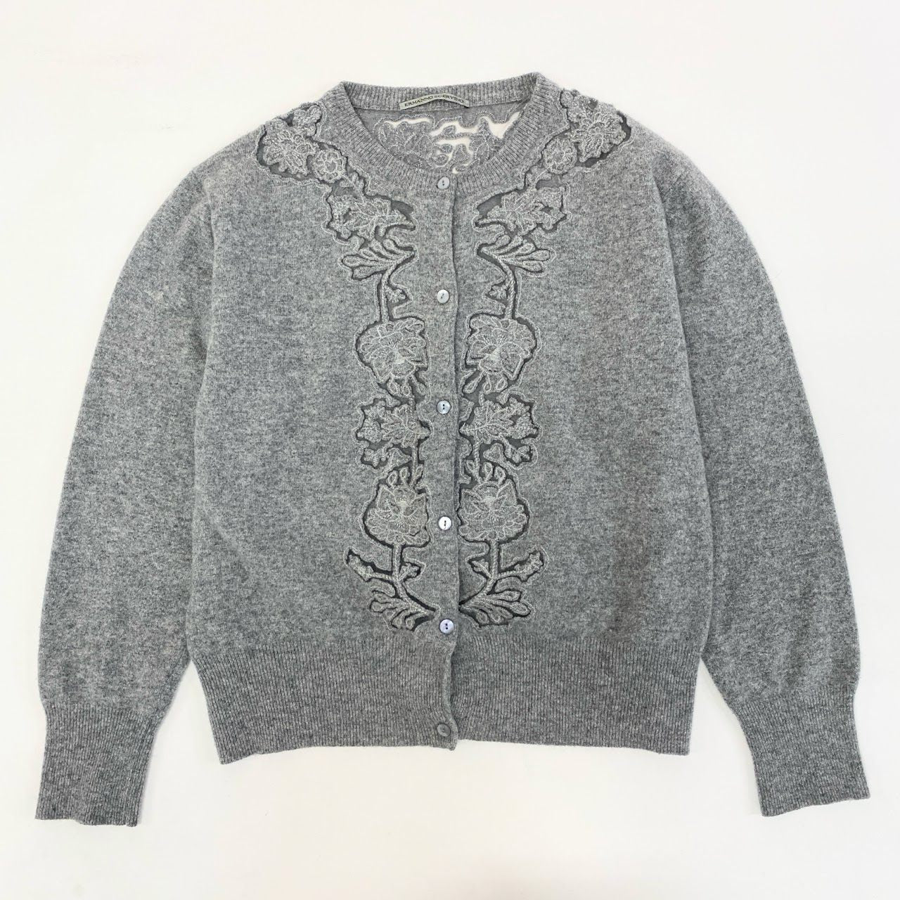 48k2 Ermanno Scervino エルマンノ シェルヴィーノ イタリア製 大きいサイズ レースデザイン 長袖 ニット カーディガン 44 XLサイズ相当 グレー ウール カシミア レディースo07t