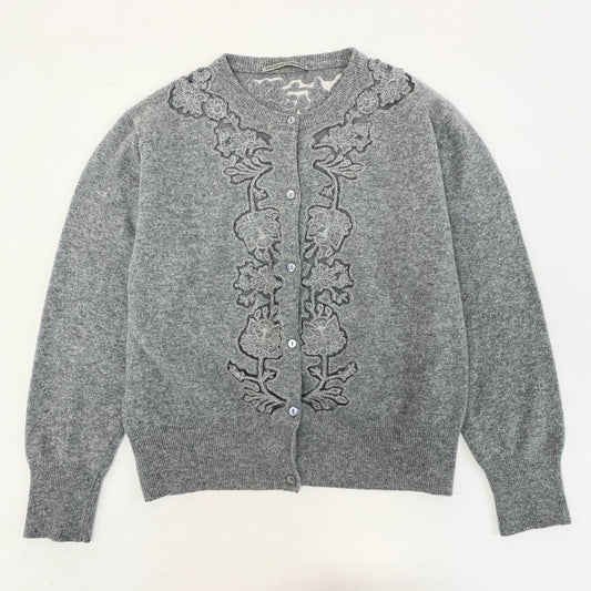 48k2 Ermanno Scervino エルマンノ シェルヴィーノ イタリア製 大きいサイズ レースデザイン 長袖 ニット カーディガン 44 XLサイズ相当 グレー ウール カシミア レディースo07t