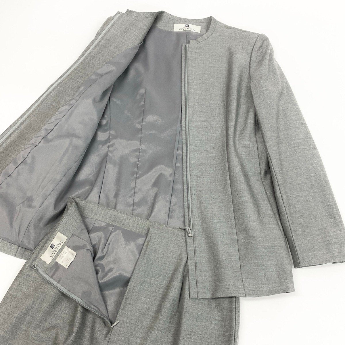 Eh6 GIVENCHY ジバンシー セットアップスカート スーツ ノーカラージャケット フォーマル ウール シルクブレンド 706-57020 40 グレー レディース 女性用o07t