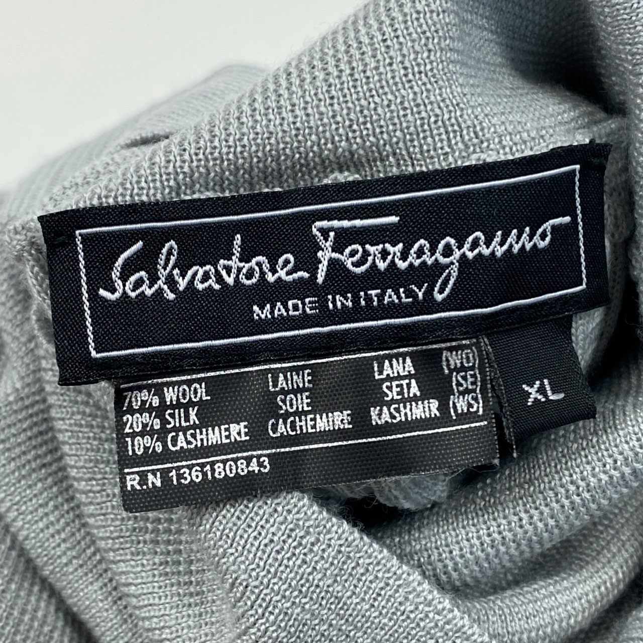 85a28 Salvatore Ferragamo サルバトーレフェラガモ ハイネックニットセーター バルーン袖 ウールシルク ロゴ金具 XLサイズ グレー レディース 女性用u02t