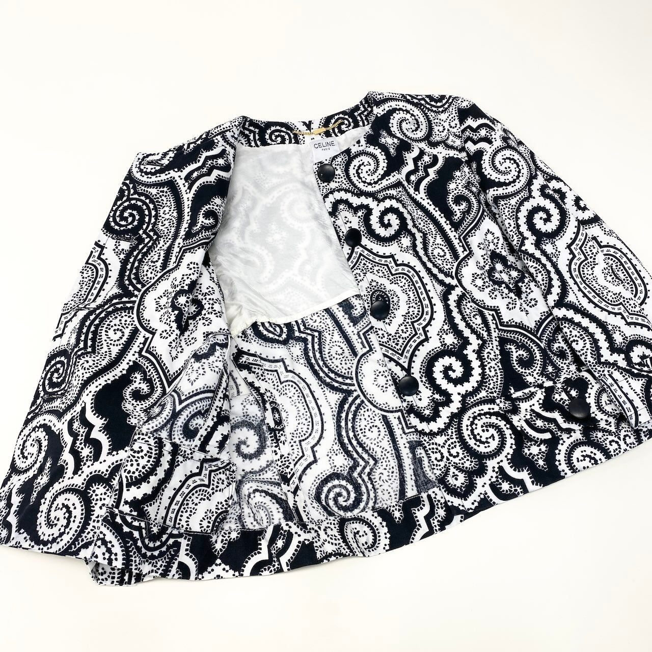 13f15 CELINE セリーヌ 総柄プリント ノーカラージャケット フランス製 46 ホワイト ブラック フランス製 レディースo07t
