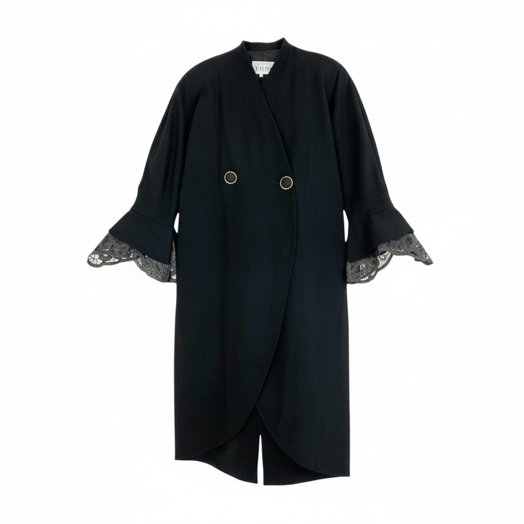 2L12 Vintage GIANFRANCO FERRE ジャンフランコフェレ 薄手コート ロングコート ダブルブレスト レース 変形スリーブ 42 ブラック ウール レディース 女性用 イタリア製u02t