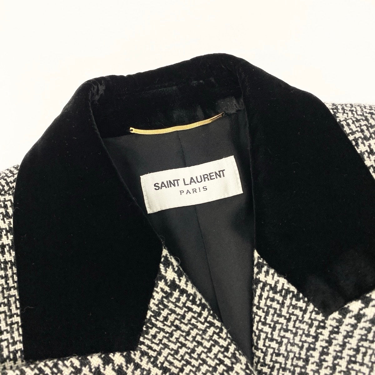 51e19 SAINT LAURENT PARIS サンローラン ツイードジャケット ロングジャケット ダブルブレスト グレンチェック サイズF38 ブラック ホワイト レディース 女性服u02t