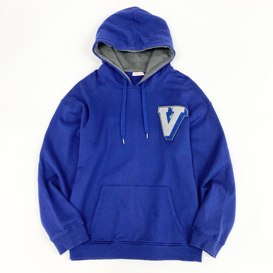 67d21 VALENTINO ヴァレンティノ 23SS Vロゴパッチ プルオーバー スウェット パーカー フーディ イタリア製 大きいサイズ 2V3MF15P95G XLサイズ ブルー系 コットン