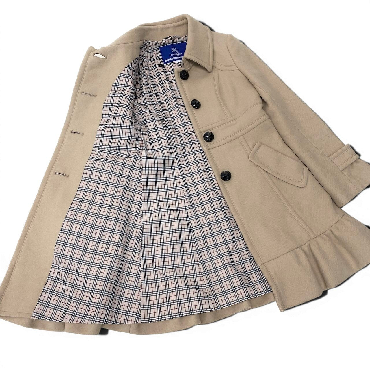 92g27 BURBERRY LONDON BLUE LABEL バーバリーロンドン ブルーレーベル Aラインコート アンゴラウール混 裏地ノバチェック 裾フリル サイズ36 ベージュ レディース 女性用o07t