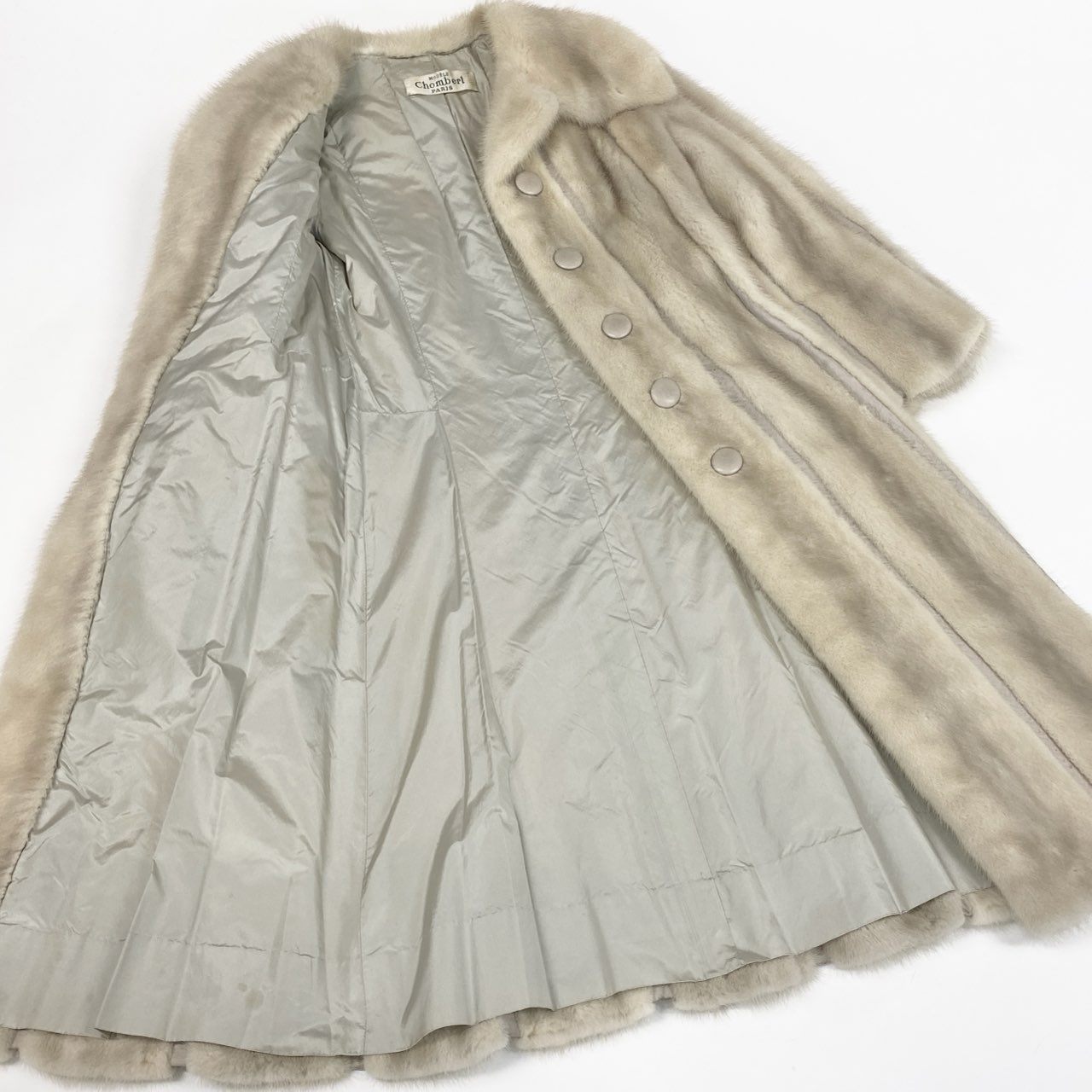 84a21 パールミンク ミンクコート 超ロングコート 着丈105cm レザーボタン レディース 女性用 FREE ホワイト系 ミンクファー 本毛皮u02t