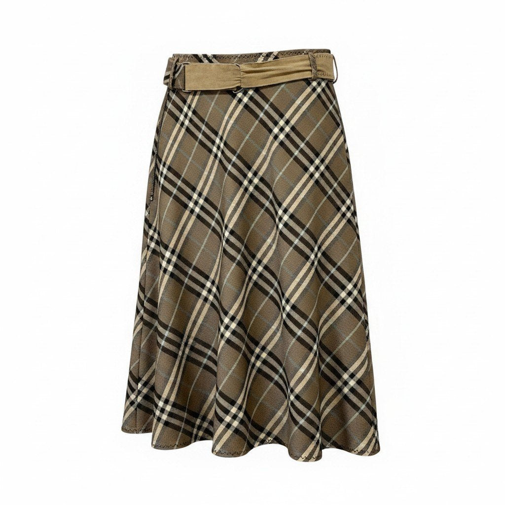 40e18 BURBERRY LONDON BLUE LABEL バーバリーロンドン ブルーレーベル ベルト付 膝丈スカート ノバチェック ウールスカート サイズ38 ブラウン系 レディース 女性用u02t