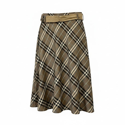 40e18 BURBERRY LONDON BLUE LABEL バーバリーロンドン ブルーレーベル ベルト付 膝丈スカート ノバチェック ウールスカート サイズ38 ブラウン系 レディース 女性用u02t