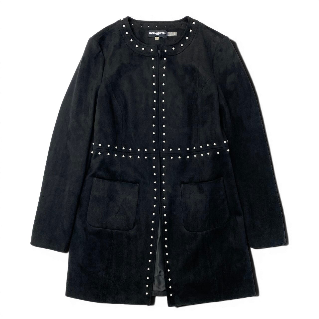 71e8 KARL LAGERFELD PARIS カール ラガーフェルド パリ ノーカラースウェードコート パール装飾 サイズ6 ブラック レディース 女性用u02t