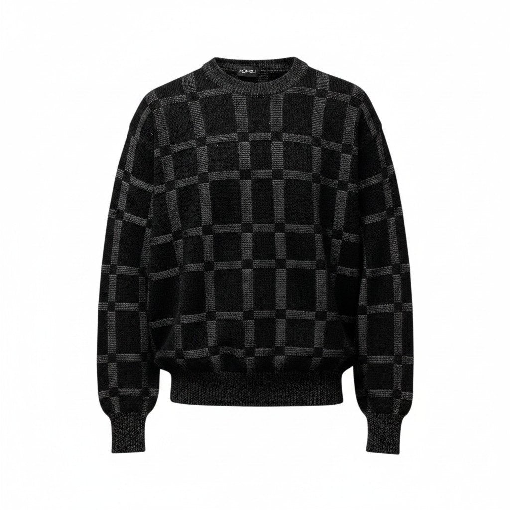 62g7 YVES SAINT LAURENT イヴサンローラン ロングスリーブ ニットセーター チェック柄 サイズL ブラック ウール100％ メンズ 紳士服o07t