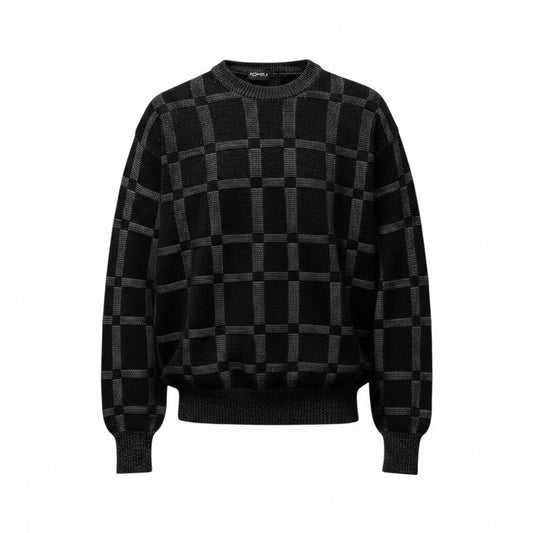 62g7 YVES SAINT LAURENT イヴサンローラン ロングスリーブ ニットセーター チェック柄 サイズL ブラック ウール100％ メンズ 紳士服o07t