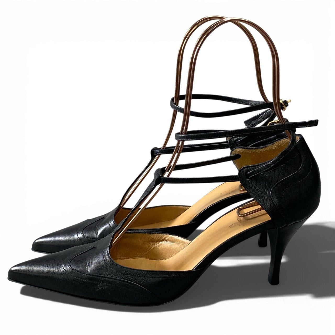 1a6 HERMES エルメス ポインテッドトゥ パンプス ヒールパンプス サンダル シューズ 37.5 ブラック レザー レディース 女性用k02i