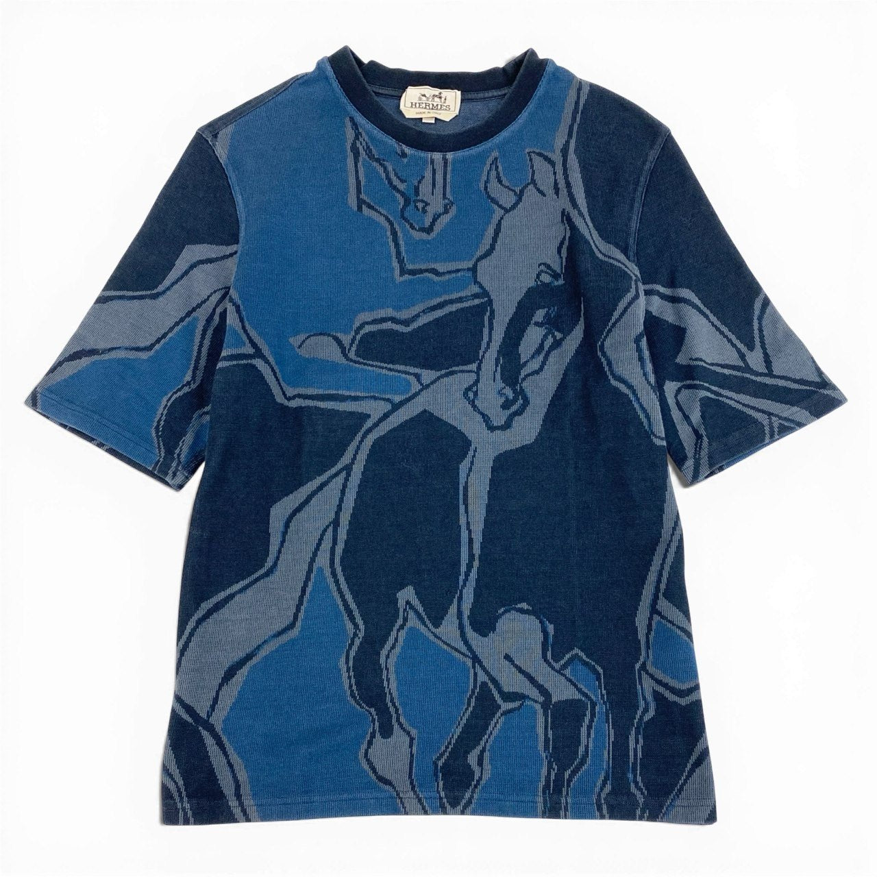 Ia14 HERMES エルメス 半袖Tシャツ クルーネック カットソー 鹿の子 Dance of Horses 馬柄 イタリア製  メンズ 紳士服 サイズM ネイビー コットン100％o07t