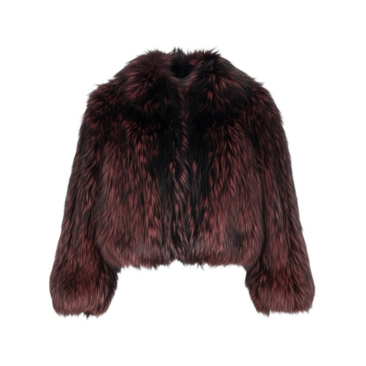 68L8 EMBA エンバ 染め フォックスファー ジップアップジャケット コート サイズ11号 レッドパープル ブラック 本毛皮 FOX FUR レアデザインt18r