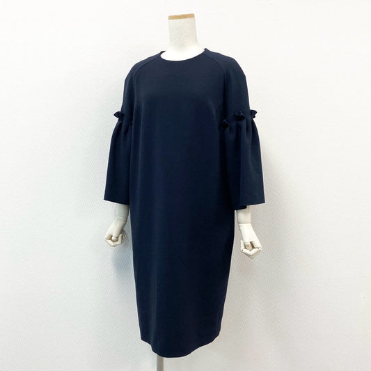 40h24 《極美品》ADORE アドーア クルーネック フレアワンピース 長袖 フレアスリーブ 膝丈 531-7140327 38サイズ ブラック レディース 女性用k02i