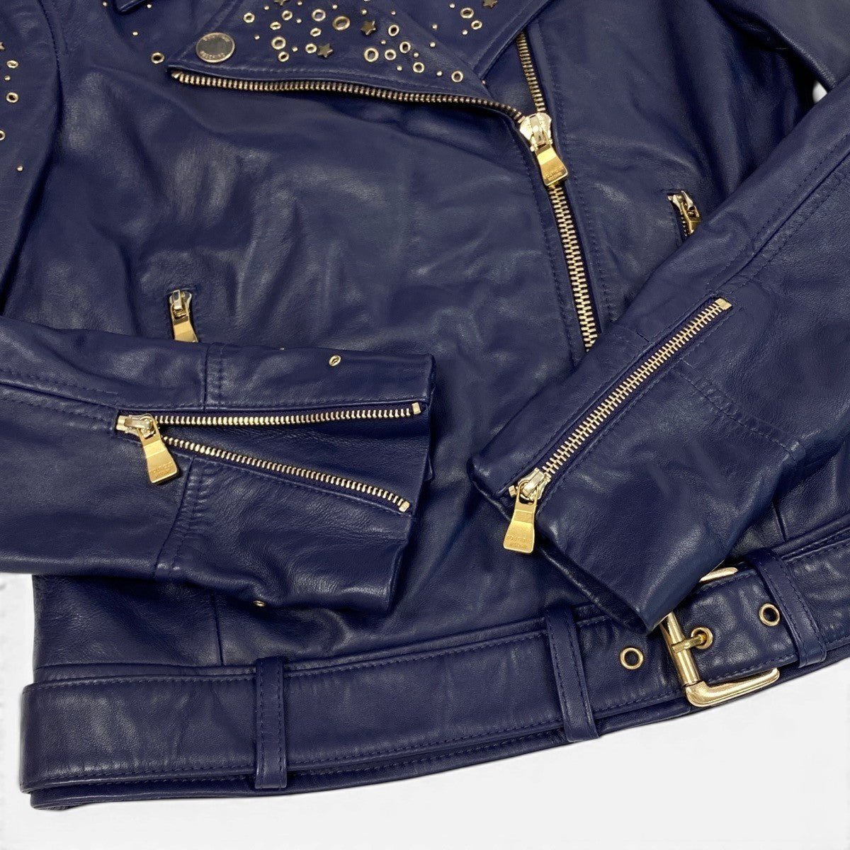 Ag16 BOUTIQUE MOSCHINO ブティック モスキーノ レザージャケット ダブルライダースジャケット 星 スタッズ サイズ38 ネイビー レディースu02t