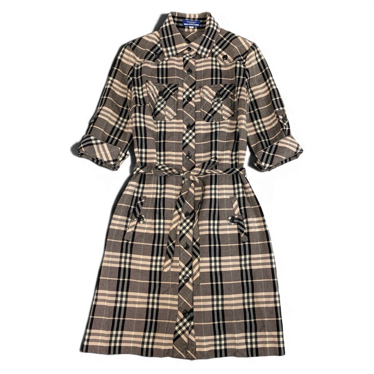 Ie25 BURBERRY LONDON BLUE LABEL バーバリーロンドン ブルーレーベル チェックシャツ 膝丈ワンピース 7分袖 サイズ38 ブラウン系 ピンク ウール100％ レディース 女性服o07t
