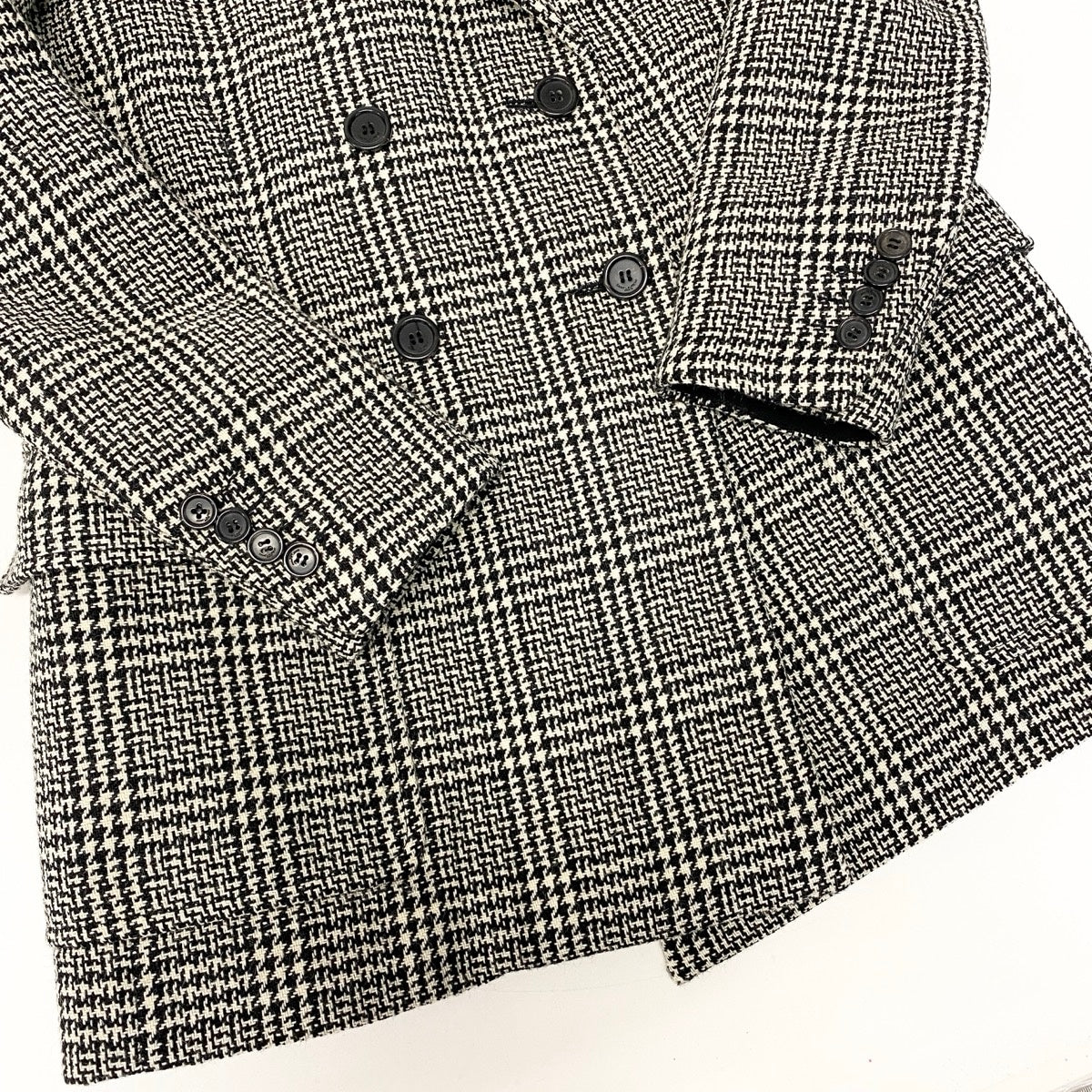 51e19 SAINT LAURENT PARIS サンローラン ツイードジャケット ロングジャケット ダブルブレスト グレンチェック サイズF38 ブラック ホワイト レディース 女性服u02t