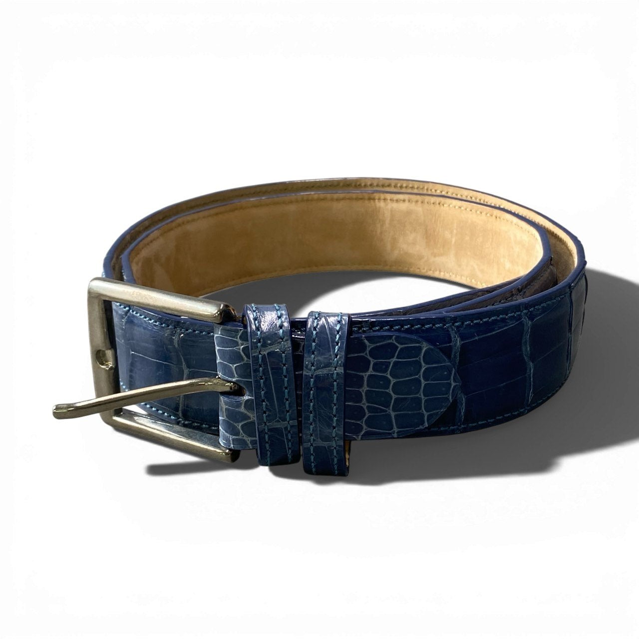 b2【本革】クロコダイルレザー  シャイニングクロコ メンズベルト ウエストベルト ブルー系 メンズ 男性用 小物 フォーマル カジュアル 兼用k02i