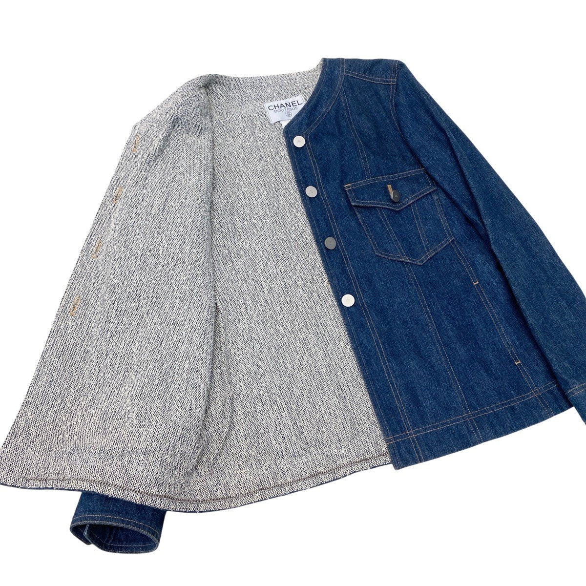 Cf12 CHANEL 1999年 ノーカラーデニムジャケット コットンジャケット アウター P12461 40サイズ インディゴ コットン100％ レディース 女性用u02tu02t