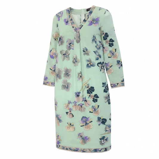 67e7 LEONARD FASHION レオナール Vネック ロングワンピース 美しい花柄プリント ロングスリーブ サイズ42 ミントグリーン レディース 女性服o07t