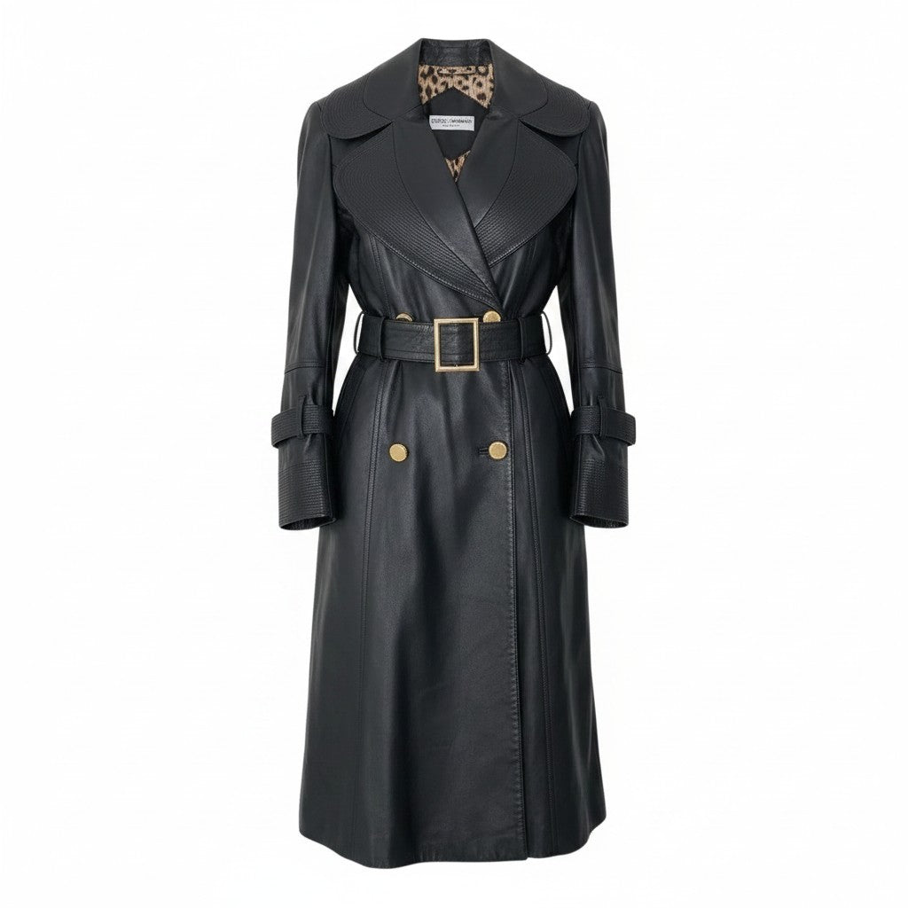 Eh1 DOLCE&GABBANA ドルチェアンドガッバーナ ラムレザーコート シルクレオパード Lambskin Leather Coat Silk Leopard Print Lining 42 ブラック ベルト付t18r