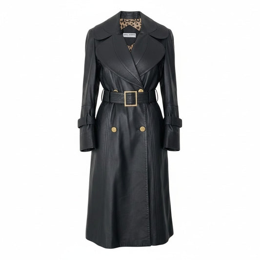 Eh1 DOLCE&GABBANA ドルチェアンドガッバーナ ラムレザーコート シルクレオパード Lambskin Leather Coat Silk Leopard Print Lining 42 ブラック ベルト付t18r