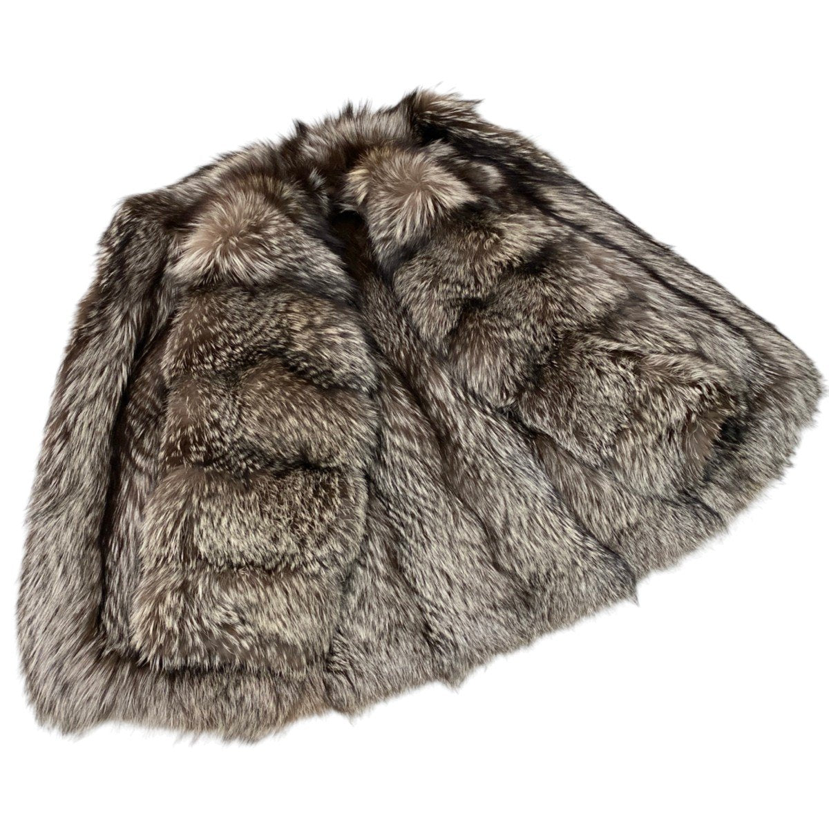 78j8 毛皮コート シルバーフォックス ボリューム 裾広がりデザインコート サイズ9 シルバー ブラウン FOX Fur レディースu02t