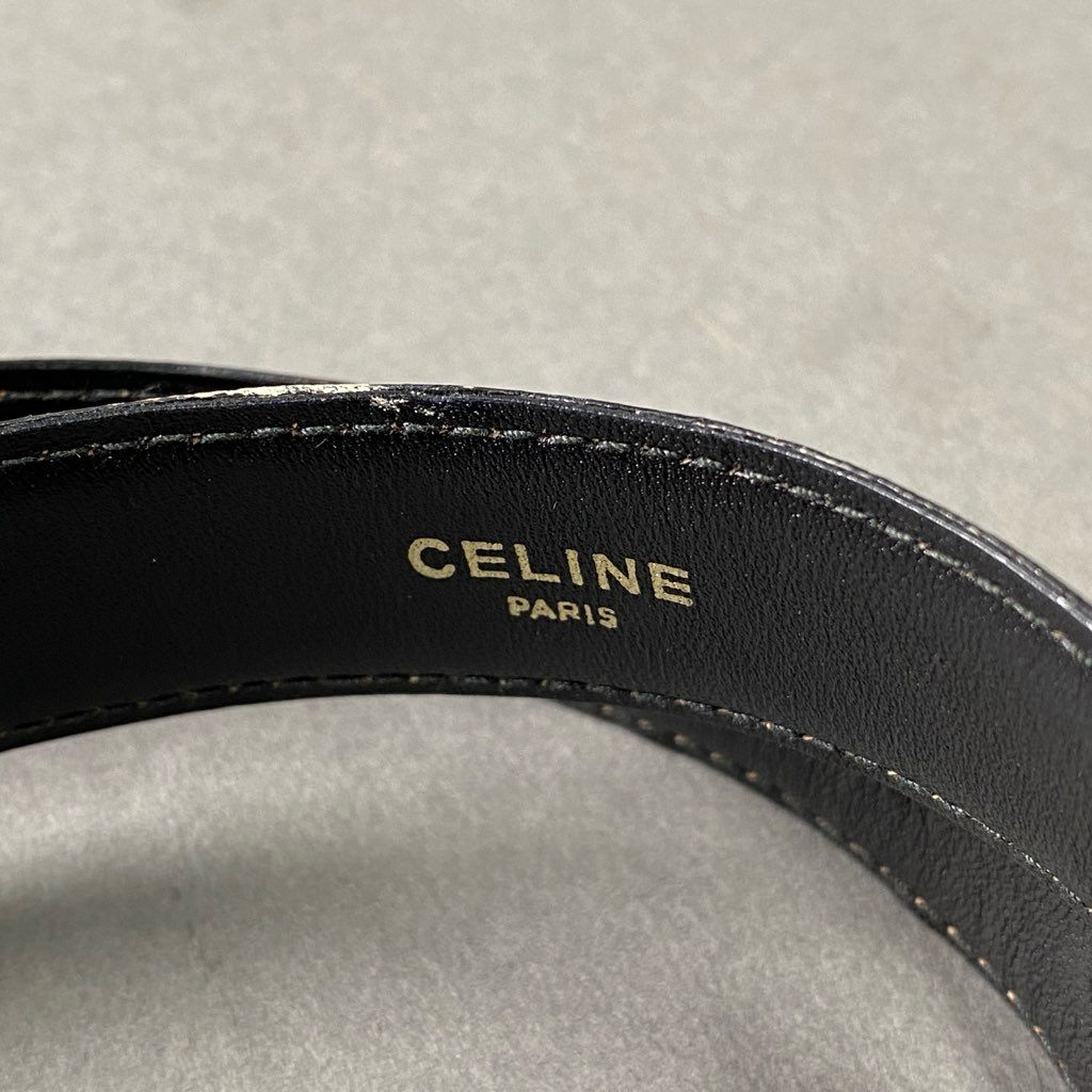 7f23 CELINE セリーヌ 馬車金具 レザーベルト 60 ブラック ゴールド Leather Belt