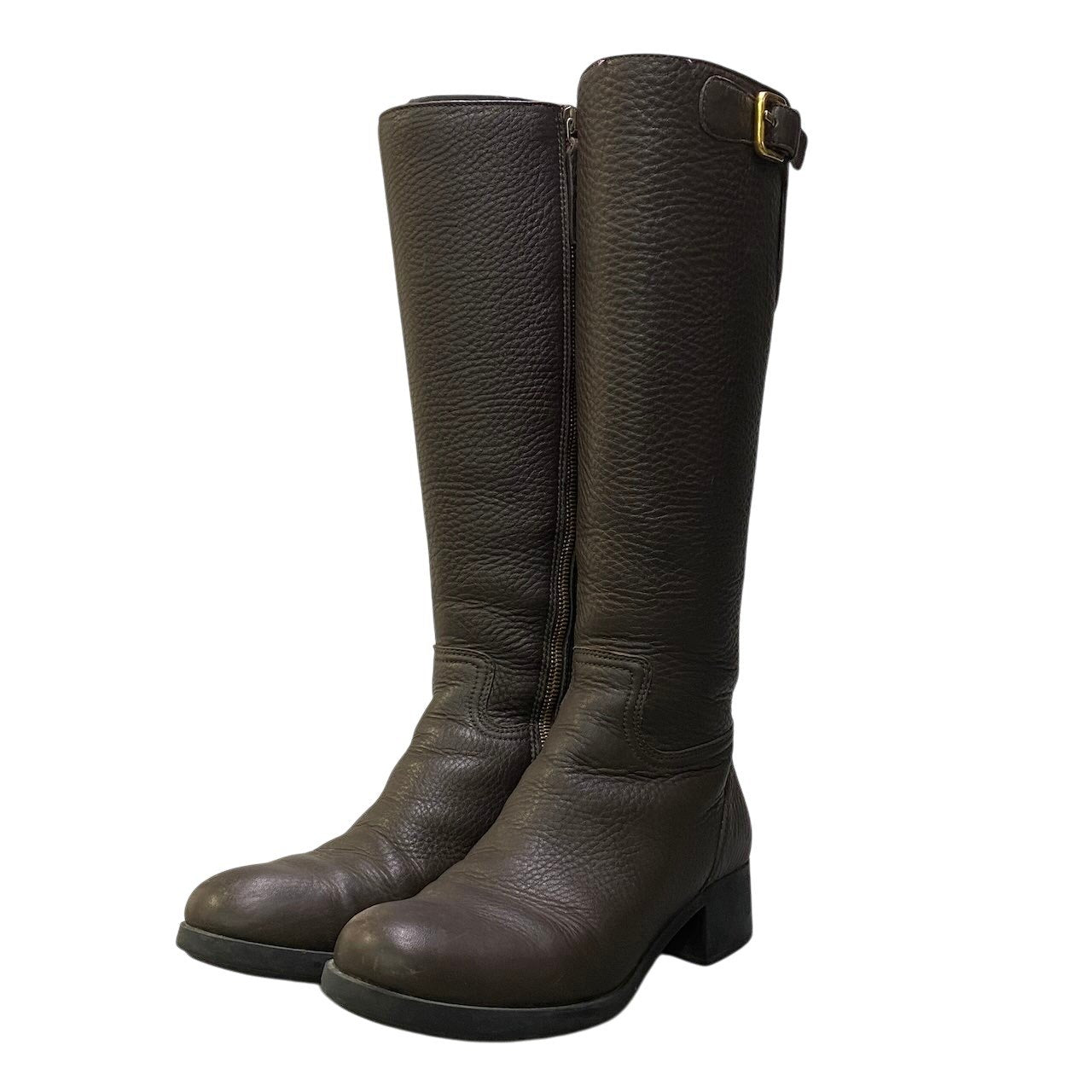 4e18 PRADA プラダ レザーロングブーツ ロングジョッキーブーツ 37サイズ ブラウン レザー レディース 女性用u02t