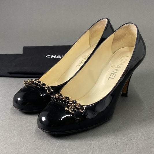 6f4 CHANEL シャネル チェーン ココマーク ヒールパンプス 37 1/2 ブラック イタリア製 シューズ