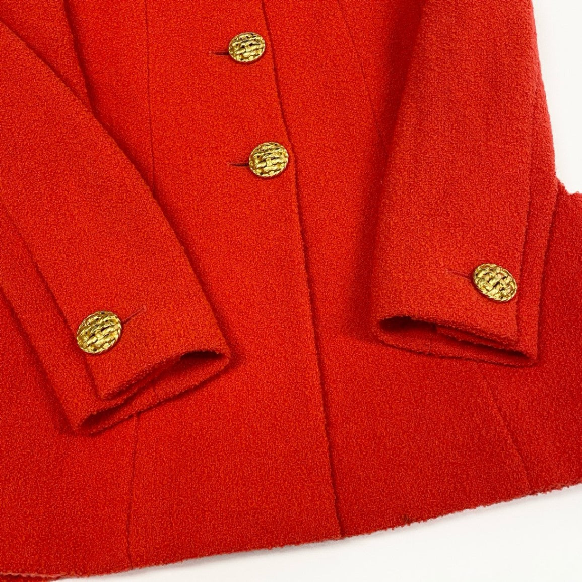 44a15 【archive】CHANEL ヴィンテージ シャネル 1994年 ランウェイ ツイードジャケット スカート セットアップ ゴールドボタン サイズ36 レッド レディースta1