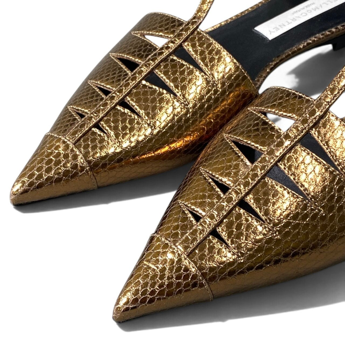 h13【美品】STELLAMcCARTNEY パイソン型押し Tストラップフラットシューズ 38サイズ ゴールド レザー レディース 女性用k02i