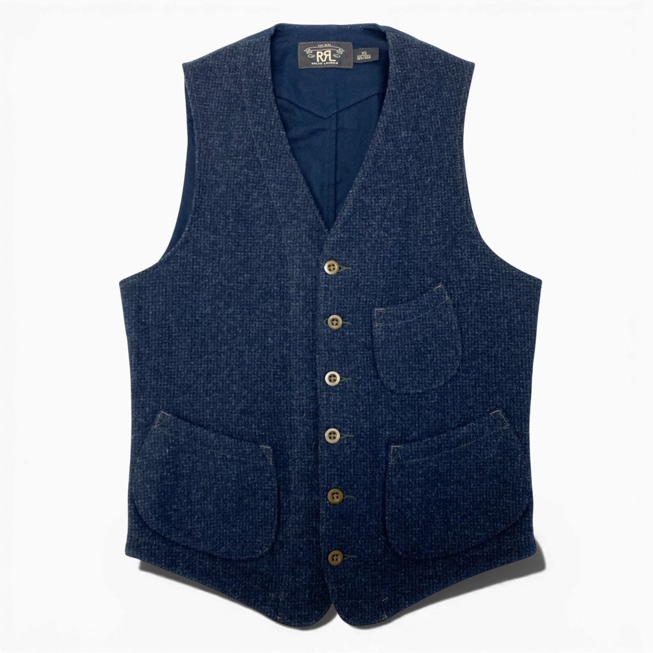 32a29 【美品】DOUBLE RL RALPH LAUREN ダブルアールエル ラルフローレン ツイードベスト ウールベスト ジレ トップス XSサイズ インディゴ メンズ 男性用o07t