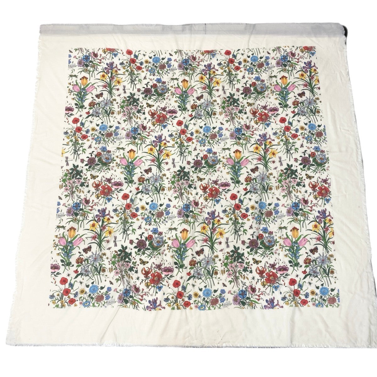 h18 GUCCI グッチ ヴィンテージ 大判スカーフ 花柄プリント フリンジ カシミヤ混 アイボリー レディースu02t