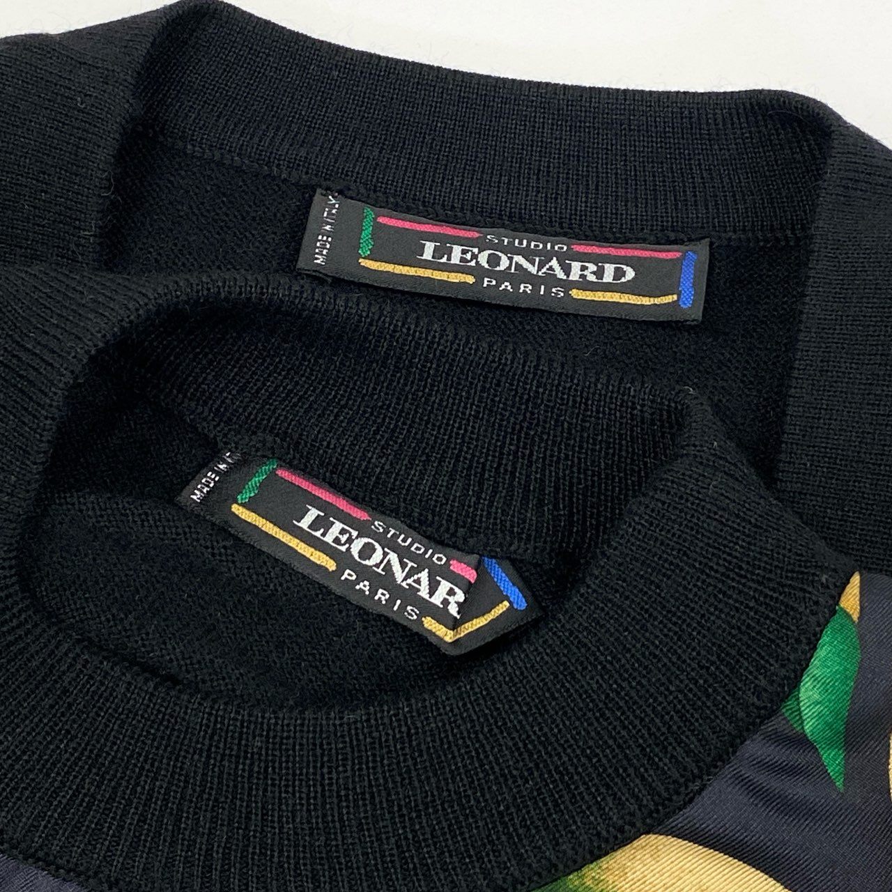 86i11 【美品】 LEONARD レオナール  ニット ナイロン切替カーディガン アンサンブル 長袖ニット 金ボタン レディース 女性用 2 ブラック グリーン マルチカラーu02t
