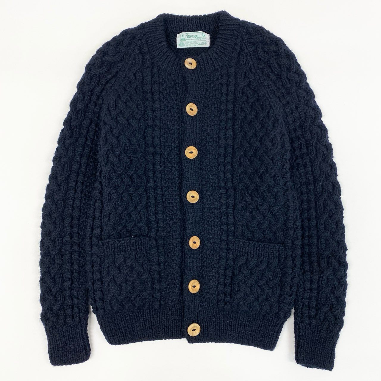 26g2 【スコットランド製】INVERALLAN インバーアラン 4Aモデル ノーカラー ニットカーディガン カウチン  サイズ38 ネイビー ウール メンズ