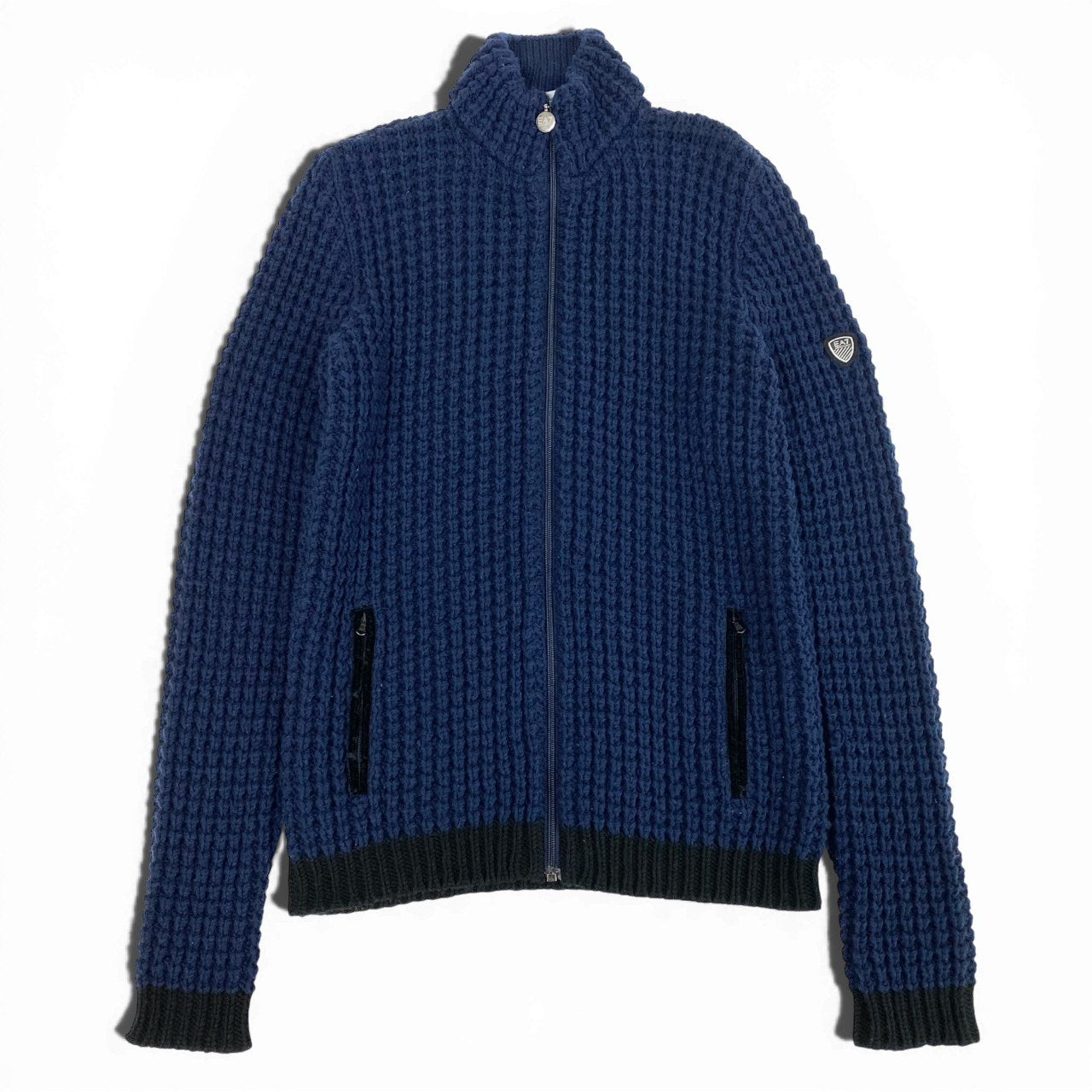 25L22 EMPORIO ARMANI エンポリオアルマーニ EA7 ドライバーズニット ジップアップニット ニットブルゾン PLG03M PL02M Sサイズ ブルー ブラック メンズ 男性用o07t